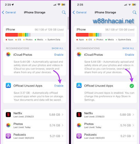 Bật Offload Unused Apps để xóa ứng dụng W88 trên iOS