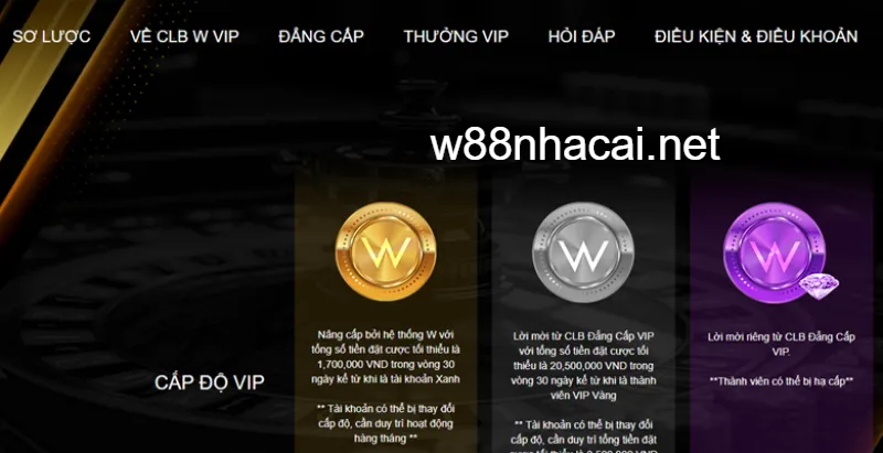 W88 có 3 cấp bậc VIP